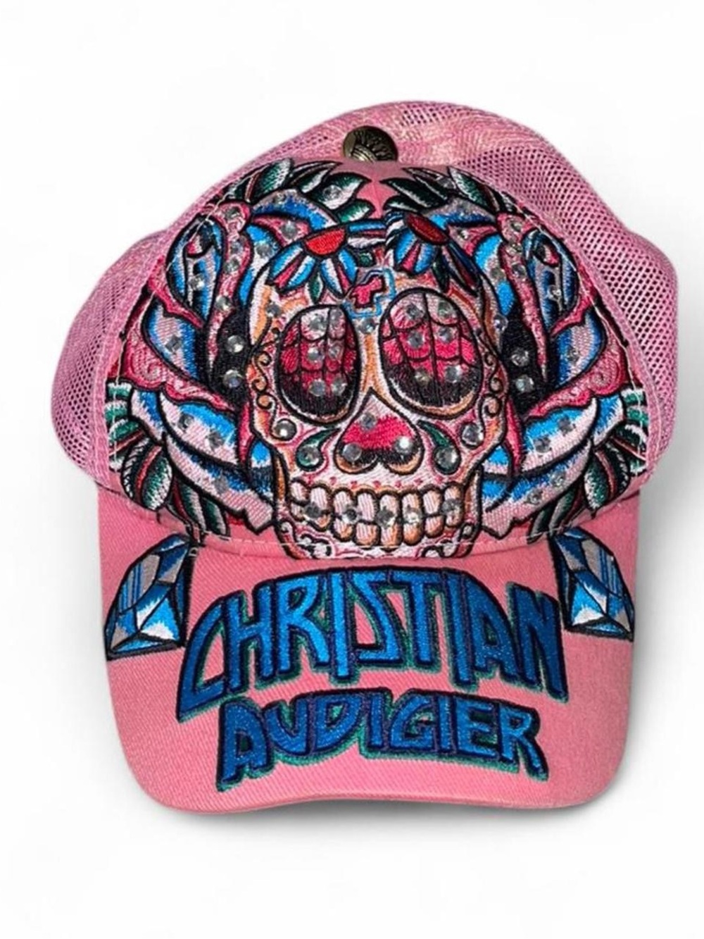Vintage Christian Audigier Pink Skull Embroidered Trucker Hat